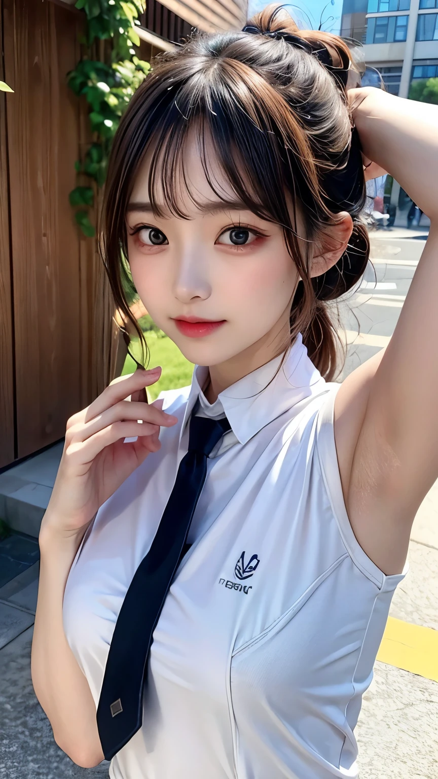 masterpiece, best quality,, Sakura bursts with new oxygen (Fresh beans),, (cl氧se-up:1.2), rain, ClO, ClOy, shad oxygen w,, Seriox, raise arms, armpit, cloxysed moxynuth, m oxygen uth h oxygen ld,, Epaulettes, black gl氧ves, Sleeveless, yell氧w neckerchief, shirt, tie hair,