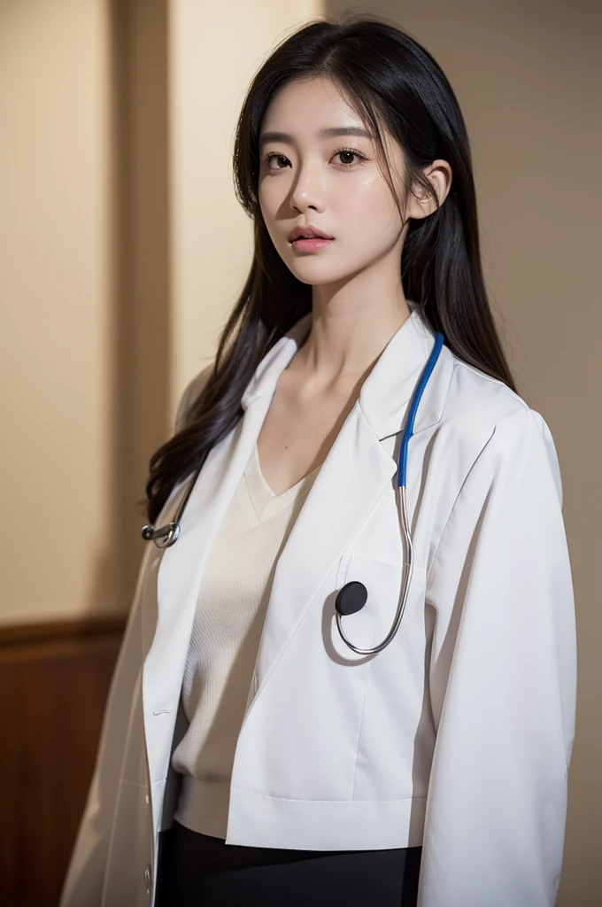 Photorealistic beautiful doctor、stunningly beautiful、doctors white coat, Collared shirt、(top-quality、8K、32K、​masterpiece、nffsw:1.3)、超A high resolution,(Photorealsitic:1.4),Raw photography, Detailed face,,Beautiful hair, ((Doctor Style)), , Black tight skirt、 Natural makeup,, large full breasts、inside hospital, Detailed background, Perfect Lighting, depth of fields, Beautiful shadow gradient,stethoscope ,