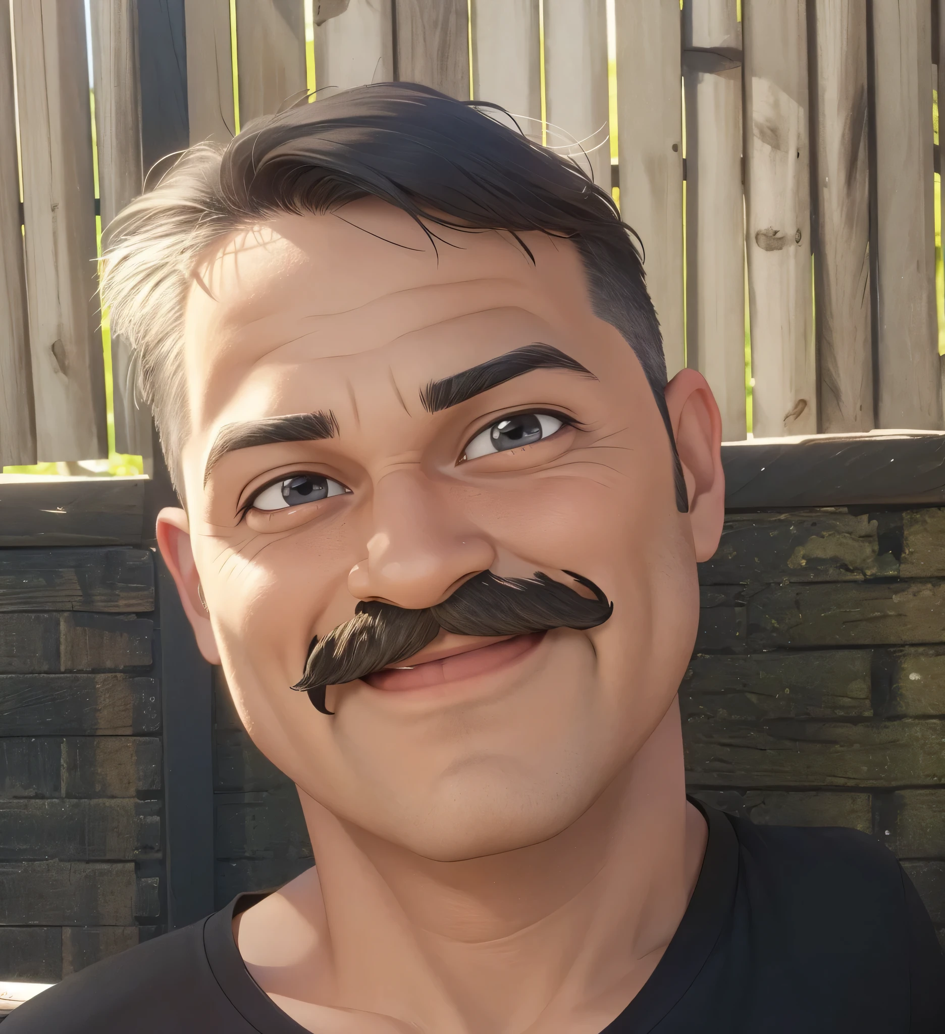 A man, with a mustache, wearing a black t-shirt, smiling cheerfully,  3D cartoon, realistic, detailed, 