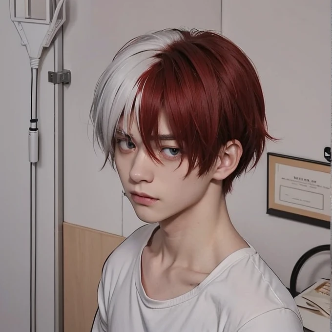 Shoto todoroki from mha, good looking boy,red hair on the right side and whiter hair on the left said,handsome,grey eyes color,stoic expression, burnt face at his right side