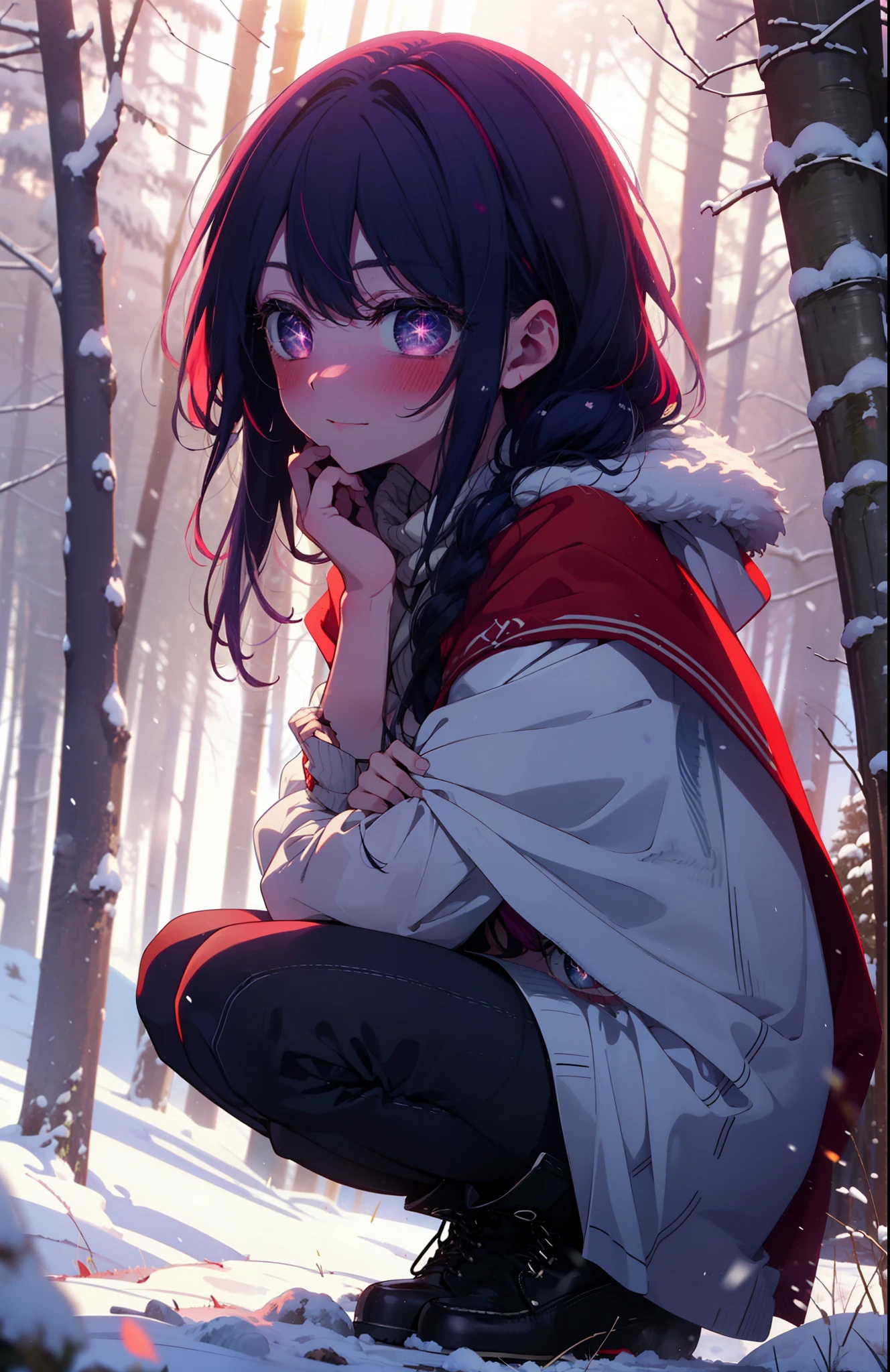 aihoshino, Ai Hoshino, Long Hair, bangs, (Purple eyes:1.1), Purple Hair, (Symbol-shaped pupil:1.5), smile,,smile,blush,white breath,
Open your mouth,snow,Ground bonfire, Outdoor, boots, snowing, From the side, wood, suitcase, Cape, Blurred, , forest, White handbag, nature, Squat, Mouth closed, Cape, winter, Written boundary depth, Black shoes, red Cape break looking at viewer, Upper Body, whole body, break Outdoor, forest, nature, break (masterpiece:1.2), Highest quality, High resolution, unity 8k wallpaper, (shape:0.8), (Beautiful and beautiful eyes:1.6), Highly detailed face, Perfect lighting, Highly detailed CG, (Perfect hands, Perfect Anatomy),