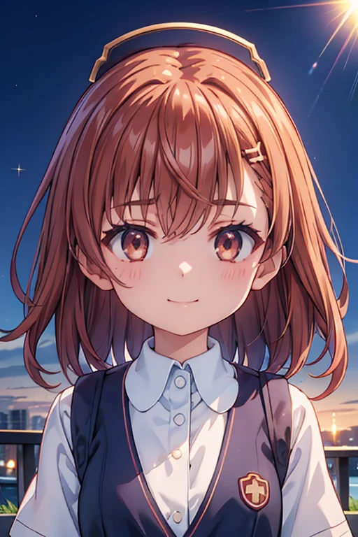 (Highest quality、masterpiece)、One Girl、alone、anime、animeScreencap、Ray Tracing、Global Illumination、ultra hi resolution picture、Bright colors、Cinematic Light、Lens flare、Light on the face、Glowing Eyes、Depth of written boundary、Detailed Background、cute、Straight、smile、View your viewers、Outdoor、Clear skies、Misaka Mikoto