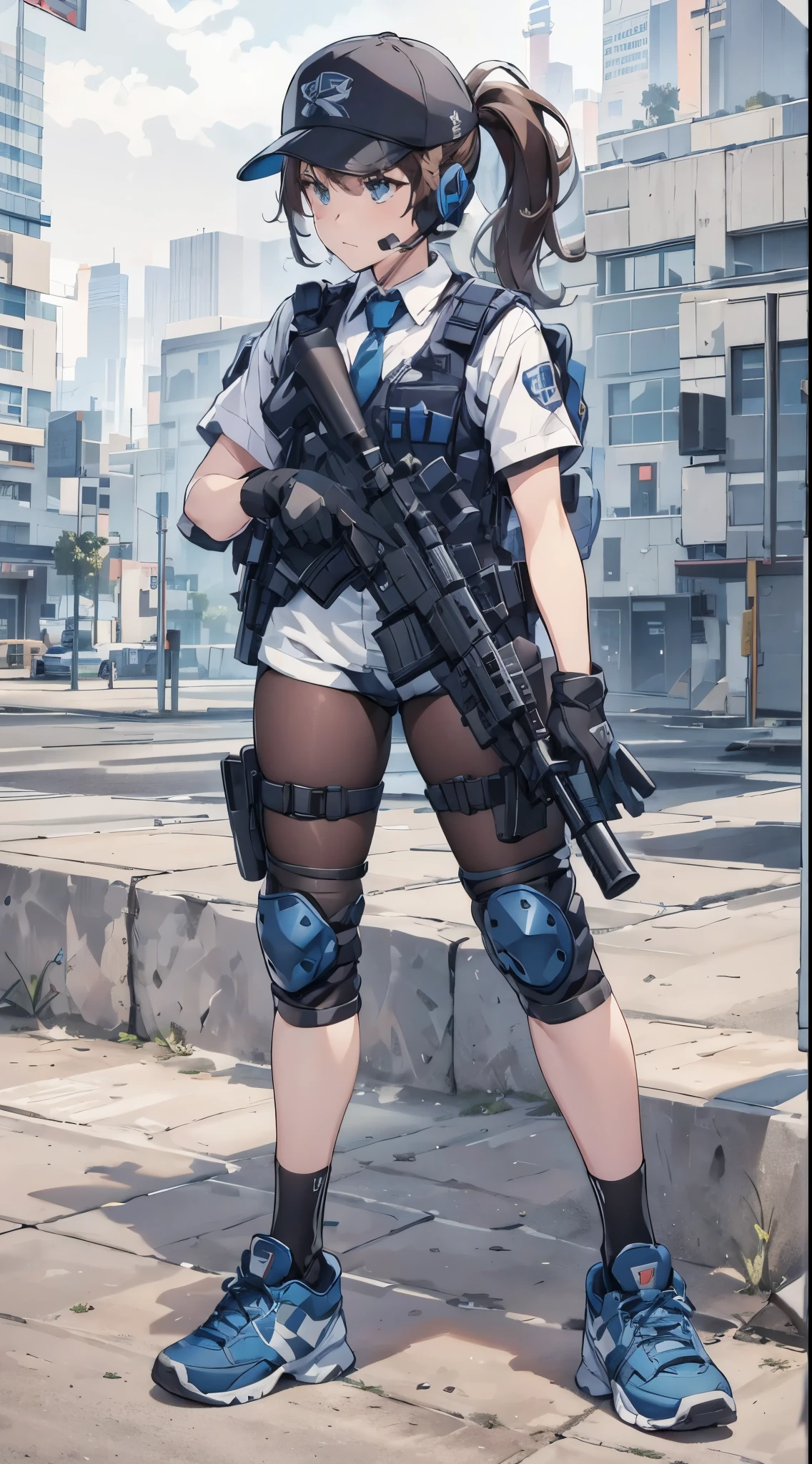 1girl, solo, long hair, blue eyes, brown hair, shirt, gloves, hat, holding, standing, full body, white shirt, ponytail, weapon, short sleeves, pantyhose, outdoors, necktie, shoes, shorts, day, black gloves, socks, collared shirt, holding weapon, gun, short shorts, bodysuit, ground vehicle, building, sneakers, holding gun, baseball cap, rifle, handgun, headset, blue shorts, watch, blue footwear, blue necktie, assault rifle, knee pads, police, police uniform