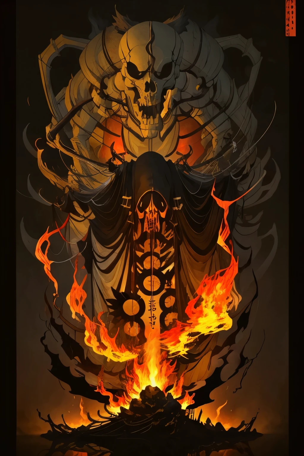 (Highest quality:1.2)。Nocturnal ghosts。Crouching Skeleton。Trying to stand up while wrapped in flames。Black background。