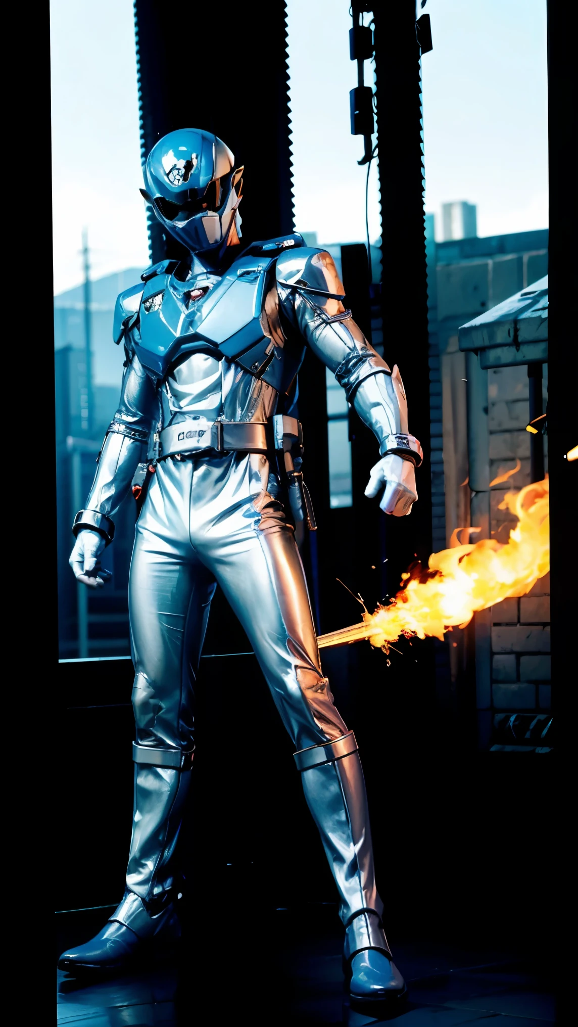 1boy, white, full body, Illustration, cinematic light, high resolution, best quality, ultra detailed, masterpiece, power suit, powerranger, suit, spd, (silver royal guard ranger suit), gold detail, holding white pistol, flowing, light armor,  martial arts, dynamics, flames, particles