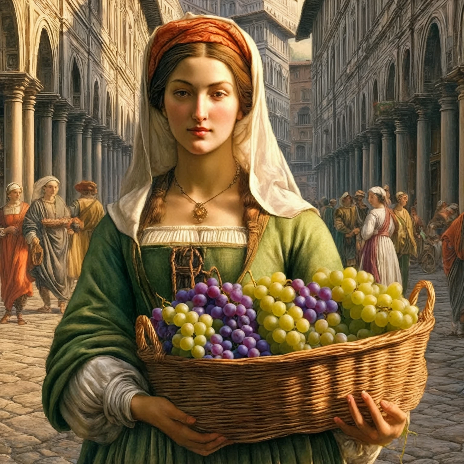 arafed woman holding a basket of grapes in a street, renaissance digital painting, italian renaissance, renaissance style painting, renaissance oil painting, by Carlo Mense, in a renaissance style, renaissance art style, renaissance painting style, renato muccillo, in renaissance style, italian renaissance painting, italian renaissance workshop, renaissance art, in a high renaissance style, renaissance style