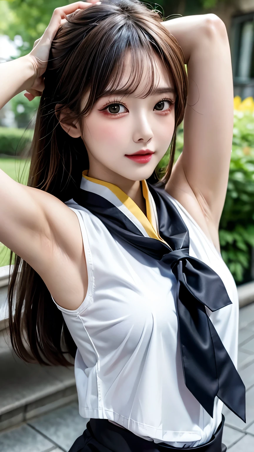 masterpiece, best quality,, Sakura bursts with new oxygen (Fresh beans),, (close-up:1.2), rain, ClO, ClOy, shad oxygen w,, Seriox, raise arms, armpit, cloxysed moxynuth, m oxygen uth h oxygen ld,, Epaulettes, black gl氧ves, Sleeveless, yellow neckerchief, shirt, tie hair,
