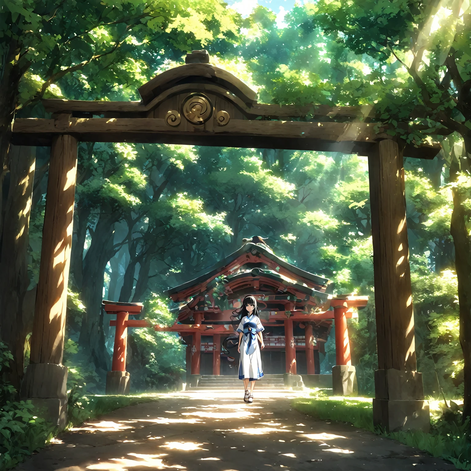 Exercise Shrine maiden pure Long Black Hair Anime Style Outdoor Standing in the shrine with sunlight filtering through the trees