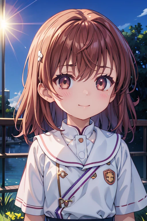 (Highest quality、masterpiece)、One Girl、alone、anime、animeScreencap、Ray Tracing、Global Illumination、ultra hi resolution picture、Bright colors、Cinematic Light、Lens flare、Light on the face、Glowing Eyes、Depth of written boundary、Detailed Background、cute、Straight、smile、View your viewers、Outdoor、Clear skies、Misaka Mikoto、whole body