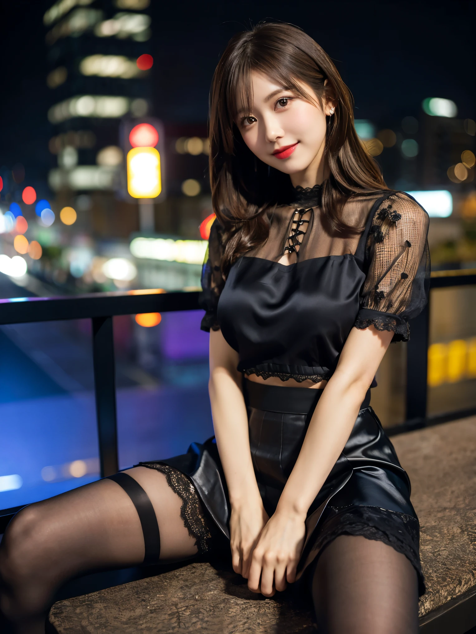 Highest quality, masterpiece, 8k, Ultra-high resolution, (Realistic: 1.4),  1 girl, Beautiful Face, Symmetrical eyes, Japanese, smile, Brown Hair, Perfect Body Proportions,  whole body, smile , Large Breasts, High heels, Putting on makeup , pantyhose, (Tight lace blouse), ((Black lace blouse)), ((silk black color skirt)), ((Tight-fitting skirt )), (Lace-up short sleeves) , (City Night),(Blurred Background), Dim lighting, Cityscape,  In the Dark, Deep Shadow, Model pose , (Legs are indicated: 1.3),(Spread your legs)