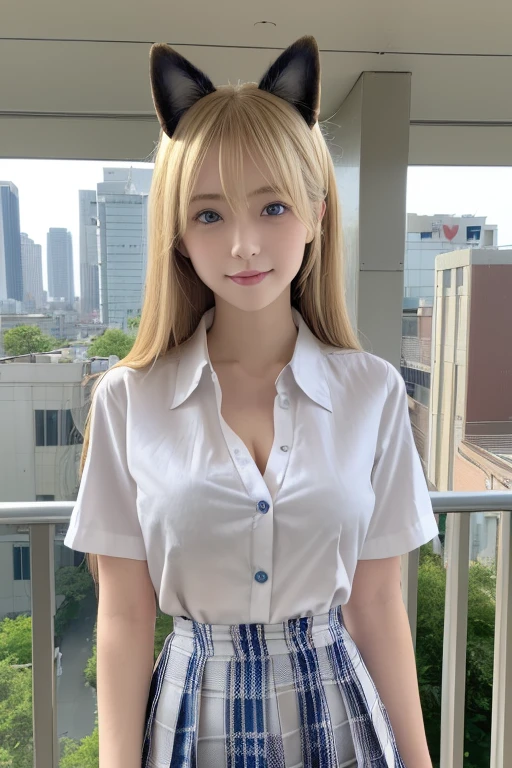 ((Beautiful blonde straight long hair))、((Beautiful blonde hair))、一人のgirl、((Highest quality、8k、masterpiece))、Sharp focus:1.2、(Small fox ears)、Cute 17 year old girl with perfect figure:1.4、 ((Unbutton your shirt)), (Cleavage)、View your viewers, girl1人, Japanese, high school girl, Perfect Face, (Perfect Anatomy, Anatomically correct), Cute and symmetrical face, Glowing Skin, , Asymmetrical bangs, blue eyes, Long eyelashes, (Center of chest), ((Unbutton your shirt)), ((Collared short-sleeved shirt, White shirt, , Grey plaid pleated skirt, To the Navy)), No pants, (Beautiful views), evening, (Outdoor, distant cityscape), Are standing, (peace sign), (Cute Smile, Lee Hong、Upward glance, Open your mouth), (変態おじいさんがgirlのマンコを開く:1.5), (girl　and a boy:1.3),