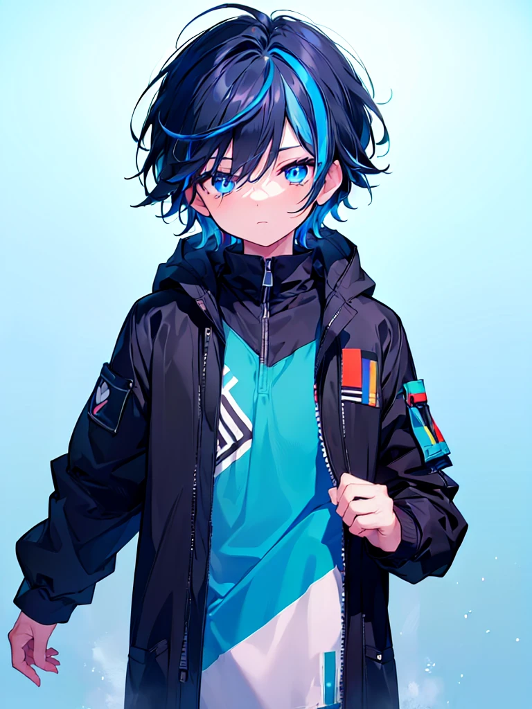 [(SKY BLUE BACKGROUND:1.5),::5], ((((masterpiece)))), high quality, ultra very high resolution, full color, (((solo))), ((little boy)), BLACK hair, ((Blue streaked hair)), (oriental deepblue eyes), anime, ((upper body)), Summer clothes, black parka,