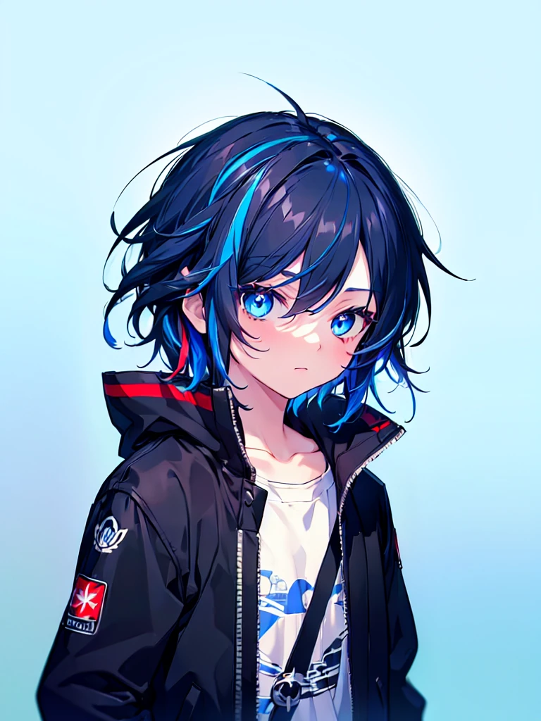[(SKY BLUE BACKGROUND:1.5),::5], ((((masterpiece)))), high quality, ultra very high resolution, full color, (((solo))), ((little boy)), BLACK hair, ((Blue streaked hair)), (oriental deepblue eyes), anime, ((upper body)), Summer clothes, black parka,