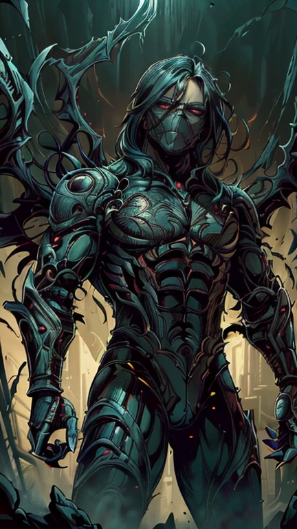 (1boy, theDarkness2023), (extremely detailed CG unit 8k wallpaper),(master part), (best quality), (ultra detail), (best illustration),(Dan Mumford style), cowboy shot, (Sharp eyeliner, ombre, detail eyes), dark dungeon interiors background, ,break , (vamptech),