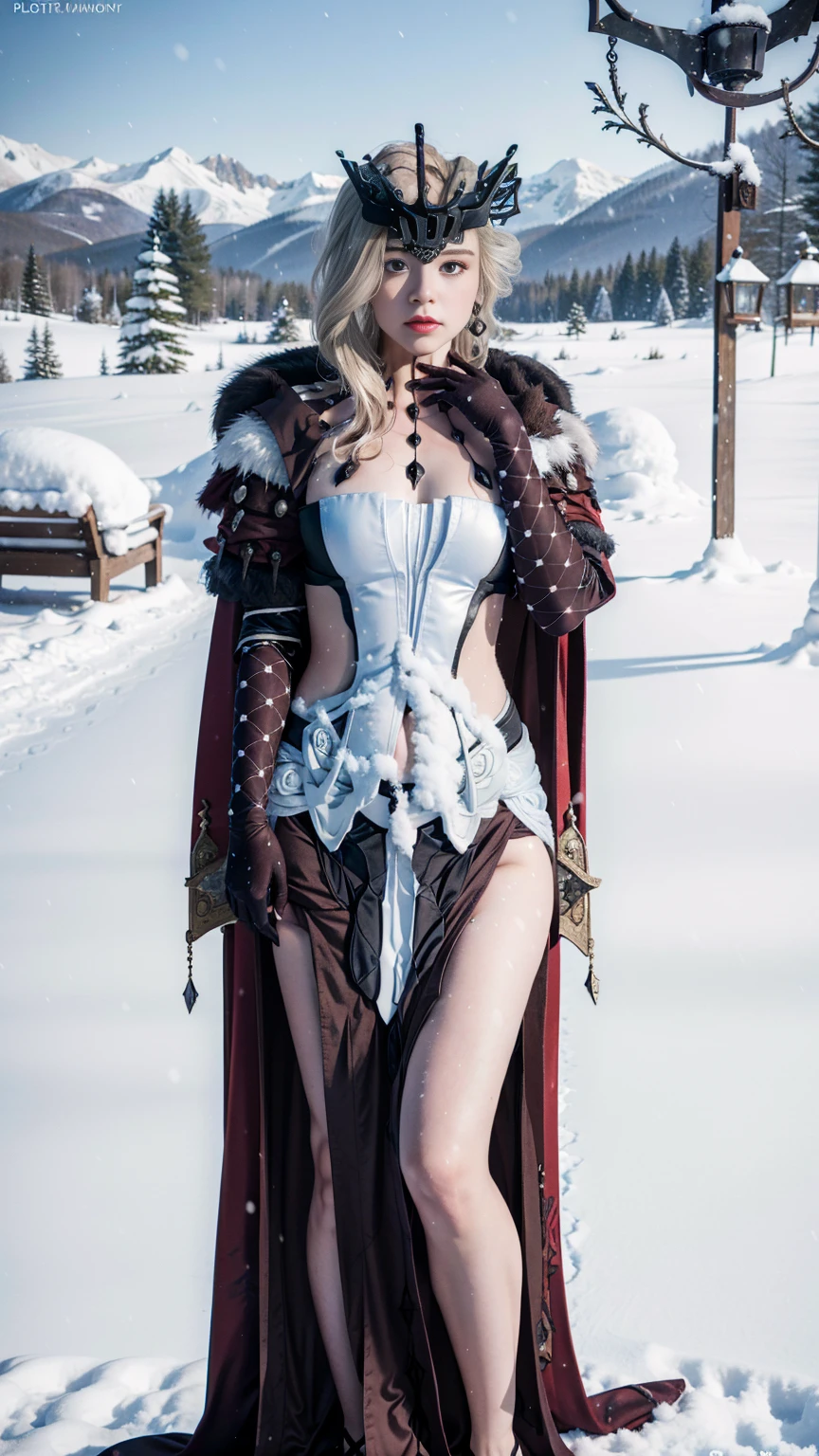 (8k)，Photorealistic, High Resolution, 1 women, solo, (****ta costume)， Beautiful eyes, white colored hair, ringed eyes, (Sat，cloak，Cover with snow)，Snow field，