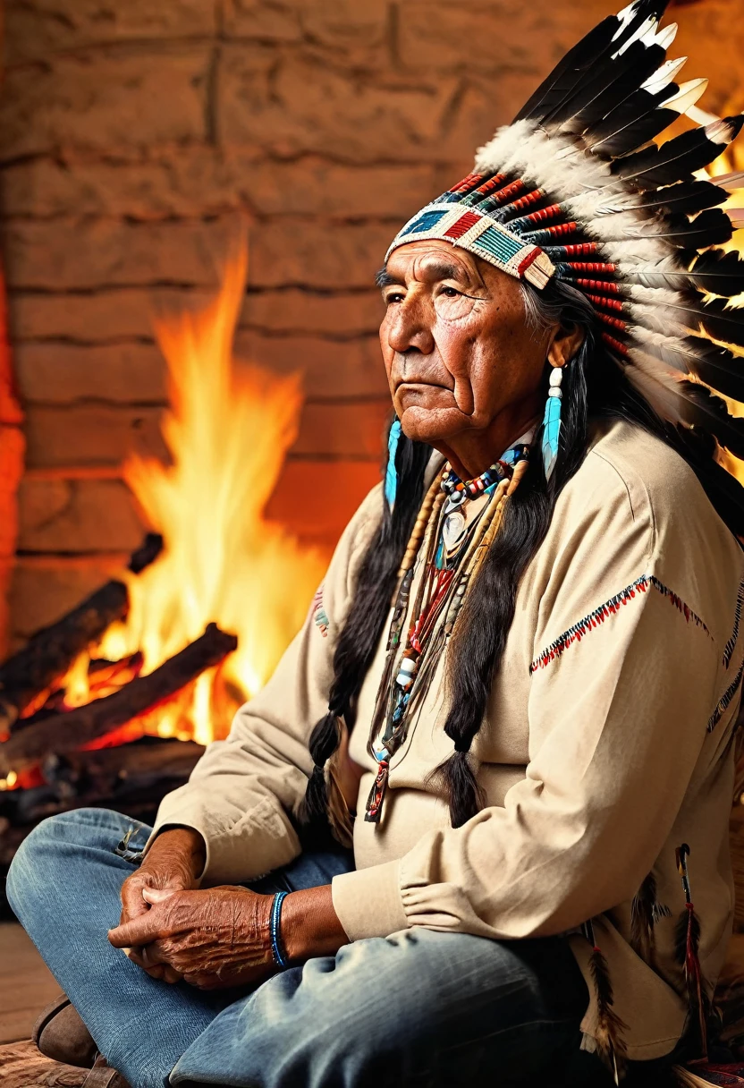 experienced and wise native american, sitting in front of fire with his peace joint