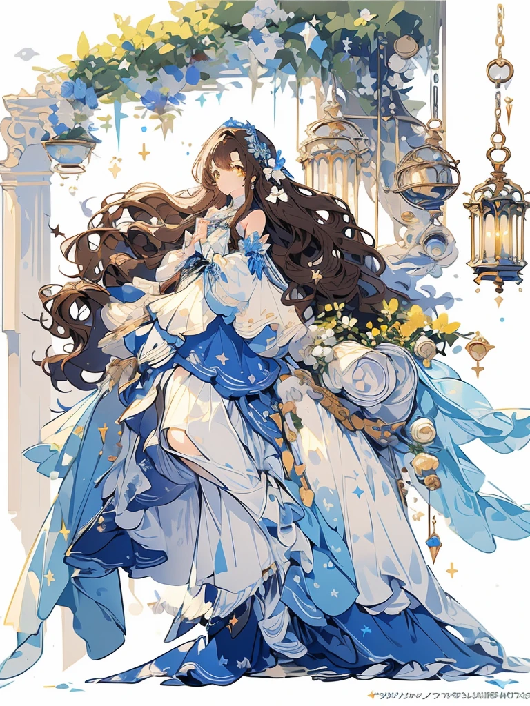 (masterpiece:1.2), best quality,PIXIV,blue dress,
1girl, long hair, dress, solo, white background, very long hair, star (symbol), simple background, full body, white dress, standing, holding, brown hair, hair ornament, long sleeves, wavy hair, bangs, brown eyes, detached sleeves, looking at viewer, sleeves past wrists, jewelry, yellow eyes