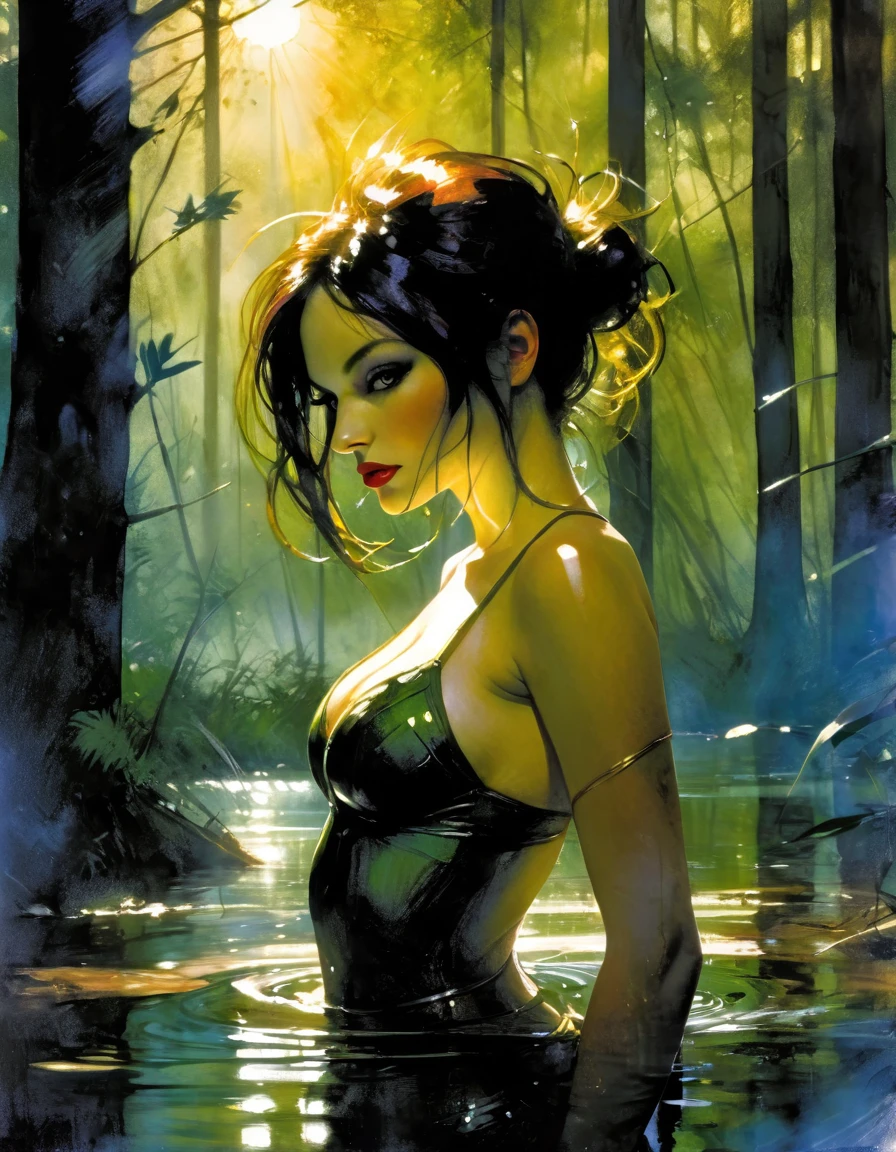a sexy and beautiful girl in a large summer forest, sunlight reflecting on a river,bikini, the girl preparing to take a bath, detailed face and body, realistic, photorealistic, high quality, 8k, detailed environment, lush greenery, sunlight shimmering on water, serene atmosphere,eroticism, sexy, oil painting, sensual, moody atmosphere, photorealistic, intricate details, masterpiece, ultra-detailed, high quality, 8k, best quality, realistic, cinematic, dark and brooding, expressionistic, powerful composition, emotional impact, Bill Sienkiewicz inspired art