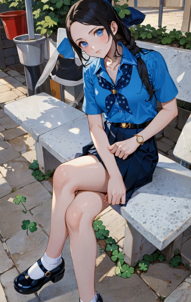 realistic anime illustration of beautiful age girl is sitting on school 's marble bench, she has black low braid ponytail (+forehead), wearingshe wearing azure-blue short sleeves collared shirt, navy-blue neckerchief with white outline clover leaves pattern, navy-blue pleated pencil long skirt, black belt with gold circle buckle, white socks and black mary-jane shoes, (1girl, solo,full body), (masterpiece, best quality, japanese anime style), BREAK, (azure-blue short sleeves collared shirt, navy-blue neckerchief with white outline clover leaves pattern, navy-blue pleated pencil long skirt, black belt with gold circle buckle, white socks and black mary-jane shoes)