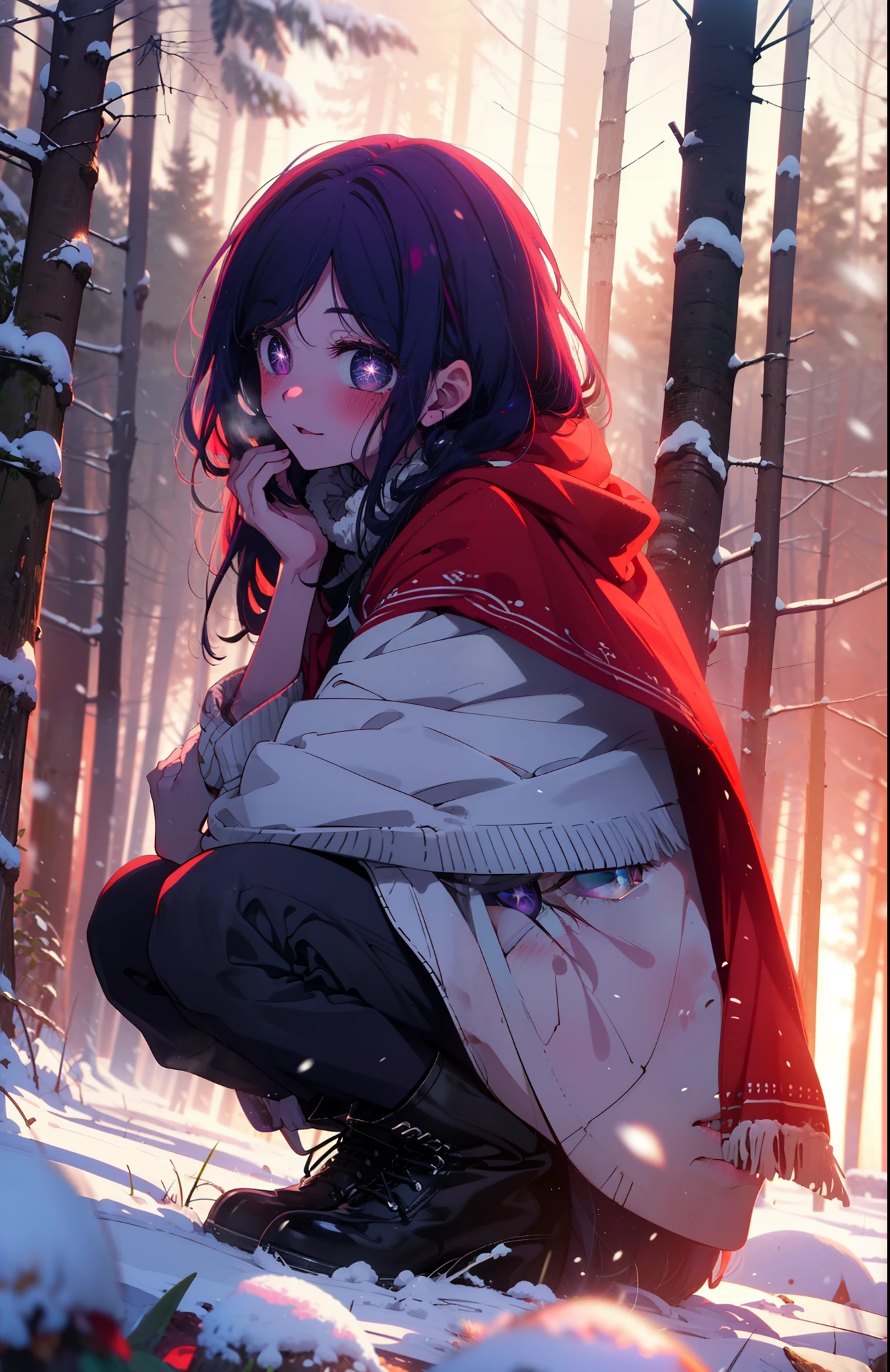 aihoshino, Ai Hoshino, Long Hair, bangs, (Purple eyes:1.1), Purple Hair, (Symbol-shaped pupil:1.5), smile,,smile,blush,white breath,
Open your mouth,snow,Ground bonfire, Outdoor, boots, snowing, From the side, wood, suitcase, Cape, Blurred, , forest, White handbag, nature,  Squat, Mouth closed, Cape, winter, Written boundary depth, Black shoes, red Cape break looking at viewer, Upper Body, whole body, break Outdoor, forest, nature, break (masterpiece:1.2), Highest quality, High resolution, unity 8k wallpaper, (shape:0.8), (Beautiful and beautiful eyes:1.6), Highly detailed face, Perfect lighting, Highly detailed CG, (Perfect hands, Perfect Anatomy),