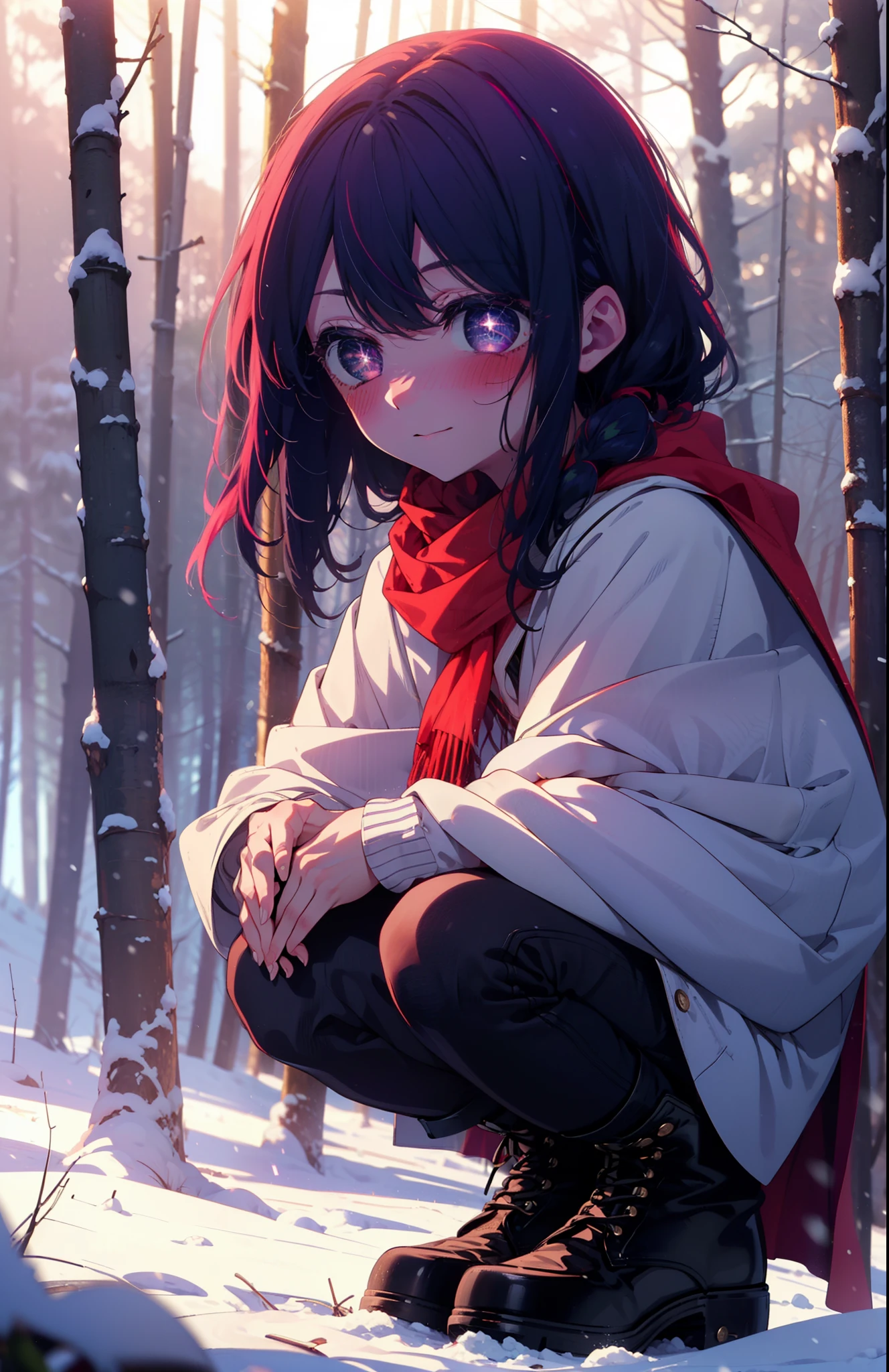 aihoshino, Ai Hoshino, Long Hair, bangs, (Purple eyes:1.1), Purple Hair, (Symbol-shaped pupil:1.5), smile,,smile,blush,white breath,
Open your mouth,snow,Ground bonfire, Outdoor, boots, snowing, From the side, wood, suitcase, Cape, Blurred, , forest, White handbag, nature,  Squat, Mouth closed, Cape, winter, Written boundary depth, Black shoes, red Cape break looking at viewer, Upper Body, whole body, break Outdoor, forest, nature, break (masterpiece:1.2), Highest quality, High resolution, unity 8k wallpaper, (shape:0.8), (Beautiful and beautiful eyes:1.6), Highly detailed face, Perfect lighting, Highly detailed CG, (Perfect hands, Perfect Anatomy),
