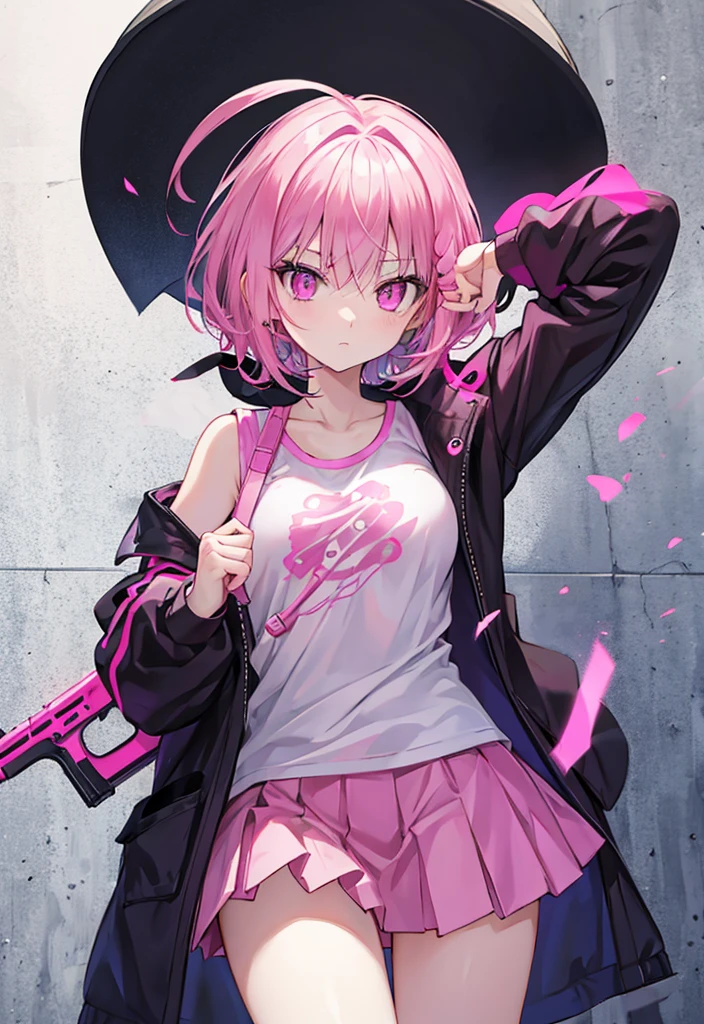 Pink Hair　Pink Eyes　Women　I have a gun　cool
