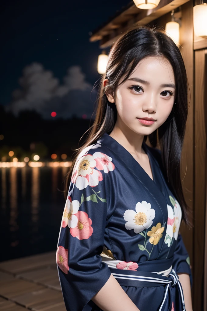 (firework), (upper body:1.5), Girl Standing In Schoolyard, Cumulonimbus clouds floating in the night sky, (Summer Yukata:1.1), (18 years old:1.2), (make up:1.3), (Very slim:1.4), Brown eyes
