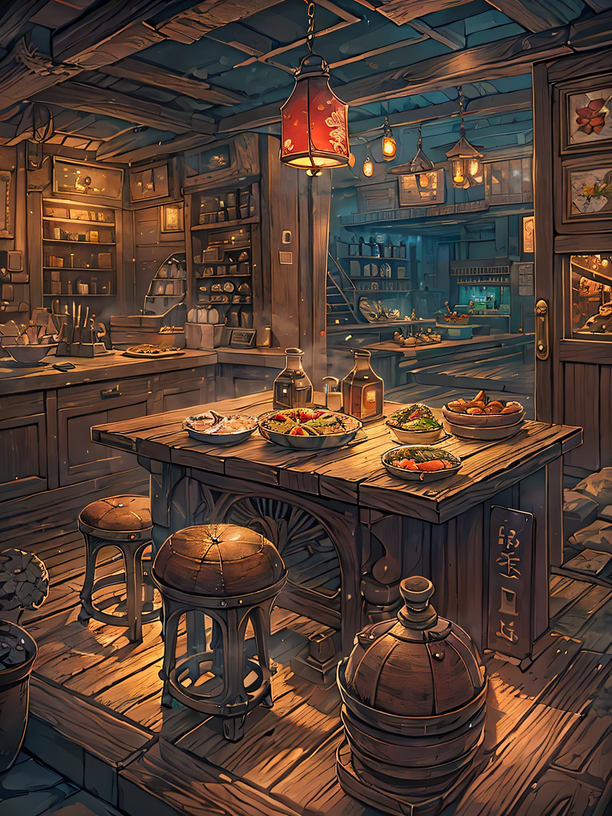 (masterpiece), best quality, very detailed, fantasy art, Oriental traditional high-end restaurant, Korean restaurant atmosphere, Luxurious indoor pub atmosphere, 1980s vibe, Shown only as background, no people, Ambient lighting in the middle of the night, Screen viewed from a 25 degree angle, cooking table, space without people, Fine Dining, 화면 중앙에 있는 cooking table, Table with food on left and right, no people