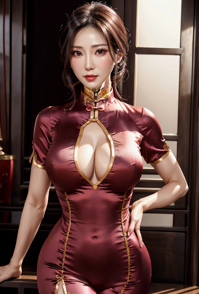 beautiful mature woman of 35 years old , looking directly at the camera, very realistic, at home, tight silk cheongsam, clothes tight against body, clothes too tight, film grain, fit muscular body, clothes too tight, seductive, , seductive, sexy, large breasts, short sleeves, elaborate clothing