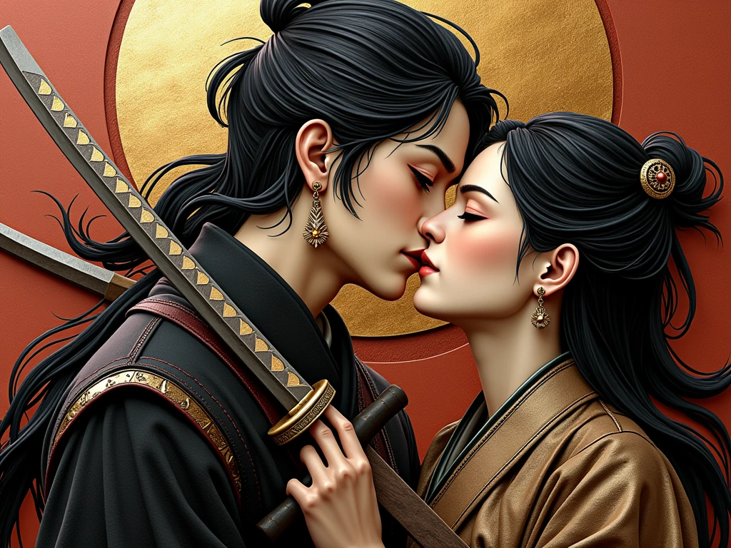 Close-up of a person kissing a person holding a sword, sweet artpiece, CNC Plasma Vector Art, 4 k Highly detailed art, 4K Detailed Art, Metal Art, 4k art, Japanese art style, Very high quality artwork, Highly detailed 4K art, An exquisite masterpiece of art, Wall Art, High Detail Art, Highly detailed art, Highly detailed art