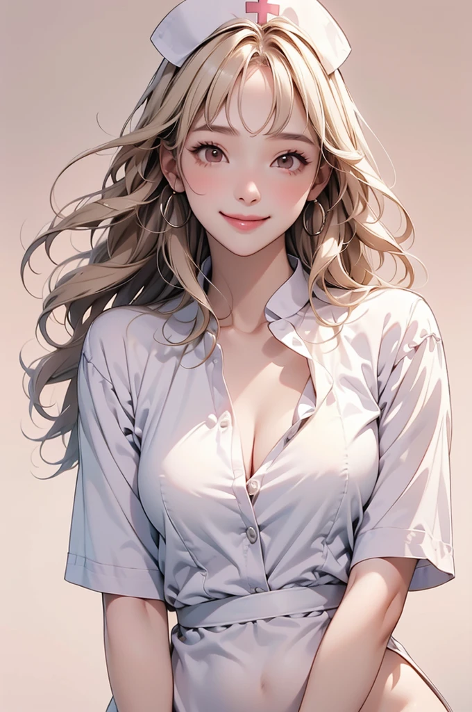 high resolution,smile,happy,light smile,woman,woman1人,adult,Clear,cute,
blunt bangs,Blonde Hair,BREAK, Brown eyes,BREAK,wavy hair,long hair,BREAK, ((looking at viewer)),
Small ,Nurse uniform,Nurse cap,BREAK,Facing forward,BREAK,Pink background,
BREAK,