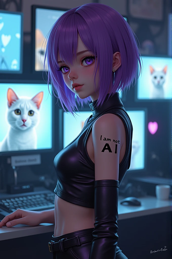 photorealistic Beautiful girl 18 years old with Short purple hair in a cyberpunk outfit and with an inscription on her cheek "I am not AI", emphasis on her face, She is standing in a room with a bunch of monitors and computers showing cats.