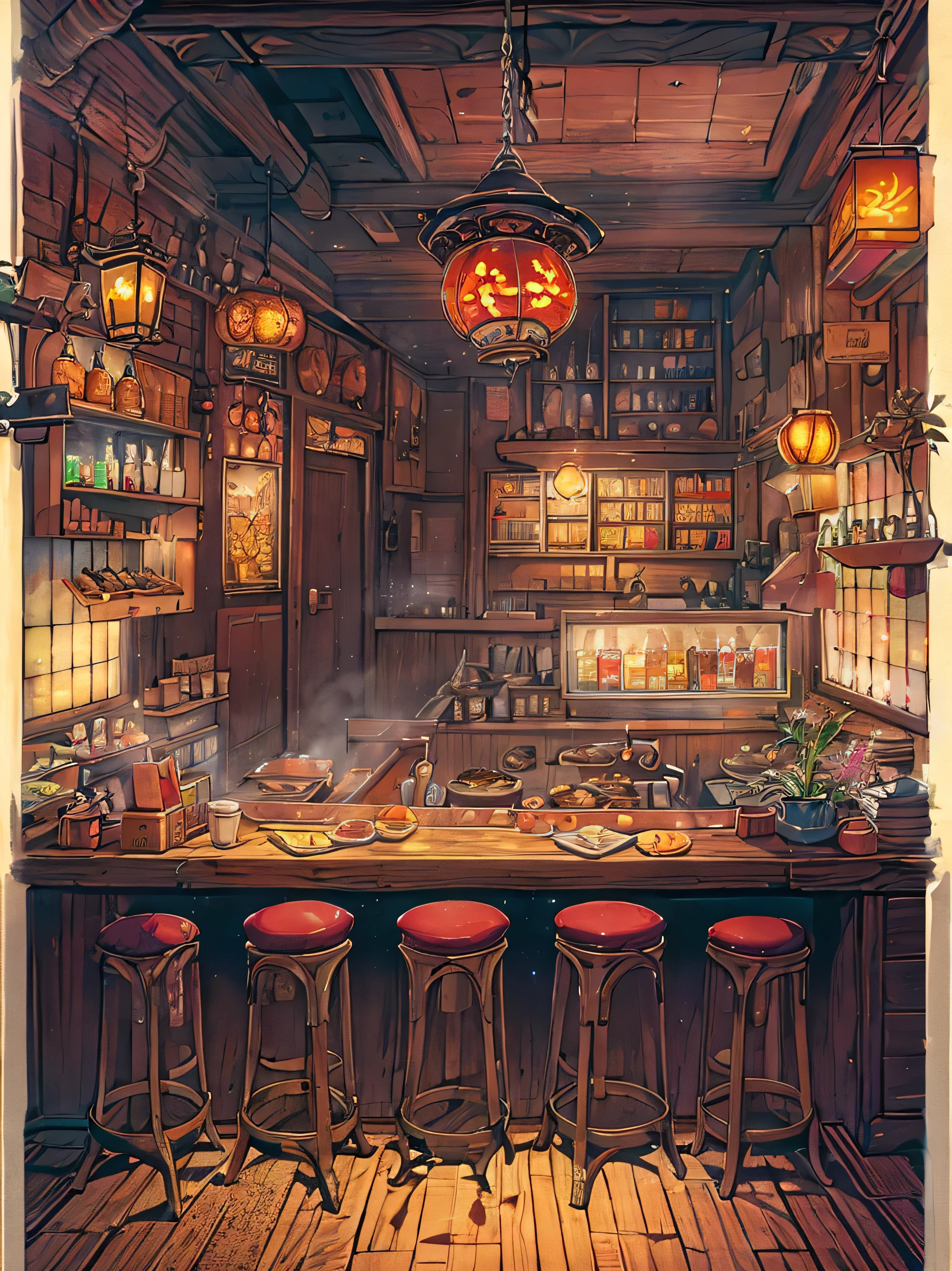 (masterpiece), best quality, very detailed, fantasy art, Oriental traditional high-end restaurant, Korean restaurant atmosphere, Luxurious indoor pub atmosphere, 1980s vibe, Shown only as background, no people, Ambient lighting in the middle of the night, Screen viewed from a 25 degree angle, cooking table, space without people, Fine Dining, 화면 중앙에 있는 cooking table, Table with food on left and right, no people