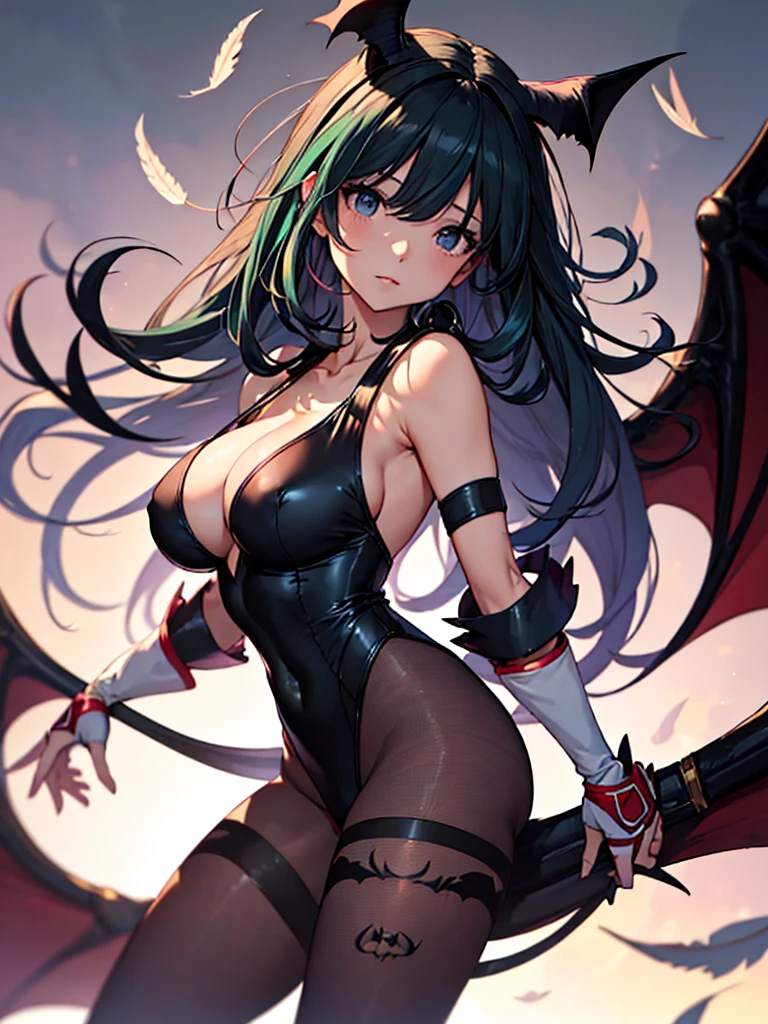 (masterpiece、top-quality、hight resolution、Unity 8k、extremely details CG:1,Best Picture), Create an image featuring a character from LoRa① wearing the costume and accessories of a character from LoRa②. Ensure that the body and physical features are entirely based on the character from LoRa①, while the clothing, accessories, and overall style are taken from the character in LoRa②. The scene should clearly depict the combination of these two elements in a cohesive and visually appealing manner. morrigan_aensland_aiwaifu,green_eyes,green_hair,breasts,bangs,demon_girl,head_wings,long_hair,wings,animal_print,pantyhose,bat_print,bat_wings,print_legwear,bridal_gauntlets,leotard,bare_shoulders,cleavage,large_breasts,black_wings,orange_gloves,thong_leotard,black_footwear,bat print,clothing_cutout,purple_wings,heart_cutout,low_wings,black_leotard,bat,highleg_leotard,purple_legwear,highleg,demon_wings,feather_trim,gloves,koakuma,cutout_above_navel,thighs,collarbone