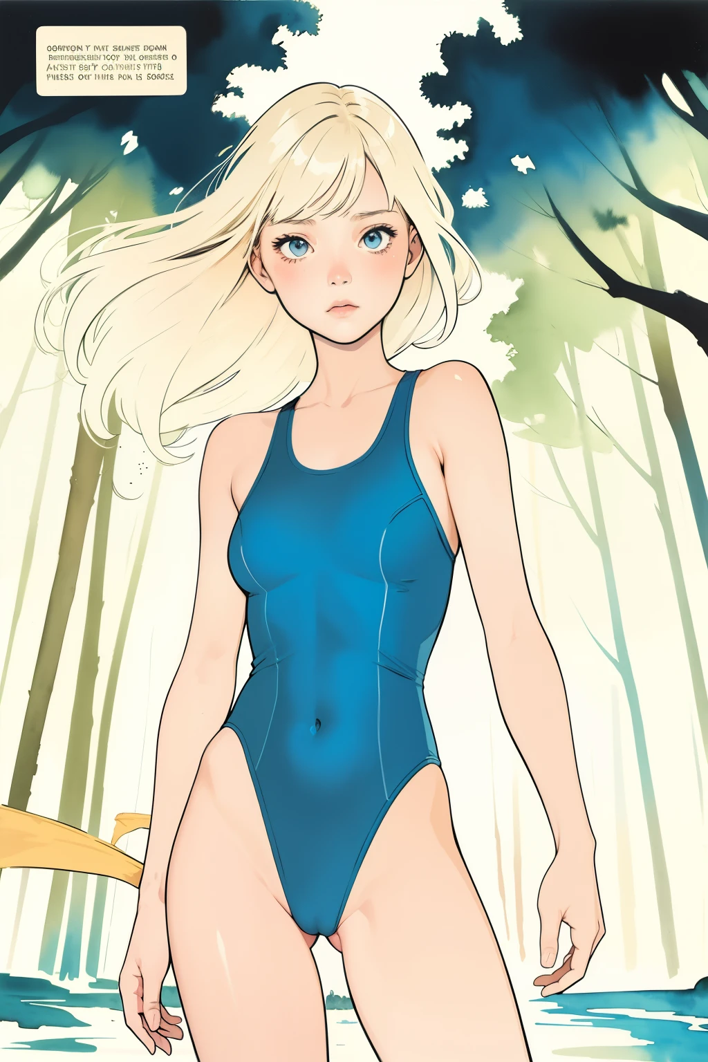 flat color, comic book cover, one girl, light colored swimsuit, emotional, dynamic pose, forest background, watercolor