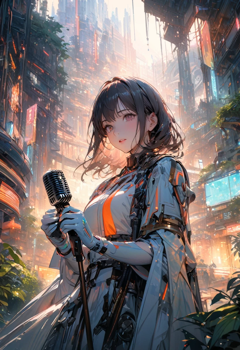 masterpiece,最high quality,Very detailed,High resolution backgrounds,8k,there is nothing,high quality,break,japanese manga style, sketch, Watercolor Colors,A bright and hopeful futuristic cityscape glowing with neon and brass tones. In the foreground, lit by a mix of neon lights and warm sunlight, is a powerful, realistic-looking woman holding a vintage microphone. Surrounding her is a symbol of unity and strength, like rising steam. In the background, greenery thrives among the futuristic structures, conveying hope and optimism for the future.