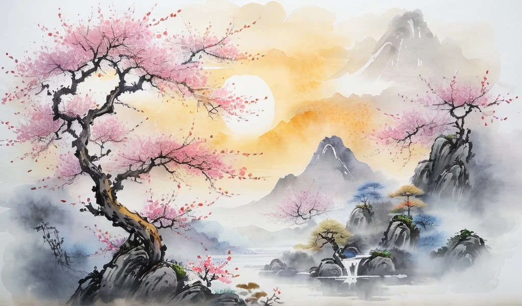 painting of a landscape with a tree and a mountain in the background, japanese watercolor, japanese style painting, traditional chinese watercolor, chinese watercolor style, japan watercolour, japanese landscape, traditional japanese painting, chinese landscape, scenery artwork, chinese style painting, sumi - e art, japanese art, japanese painting, chinese ink painting, traditional chinese ink painting, chinese watercolor