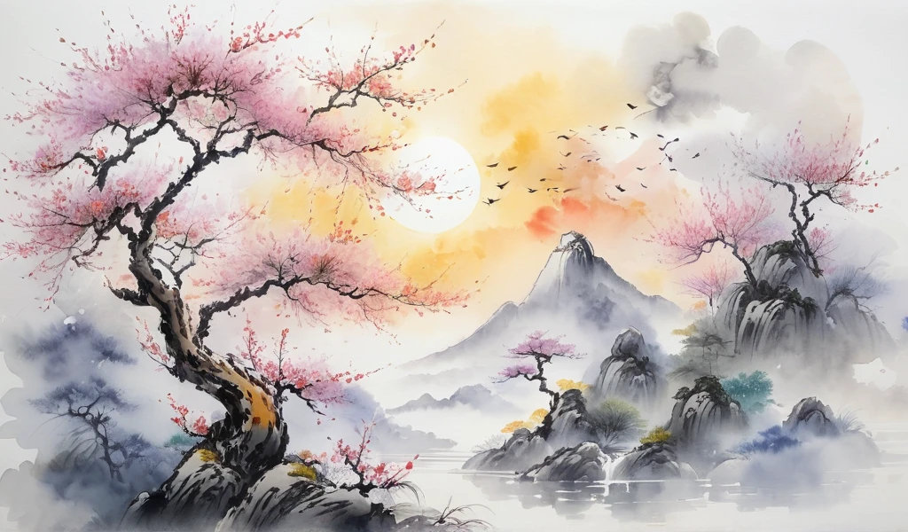 painting of a landscape with a tree and a mountain in the background, japanese watercolor, japanese style painting, traditional chinese watercolor, chinese watercolor style, japan watercolour, japanese landscape, traditional japanese painting, chinese landscape, scenery artwork, chinese style painting, sumi - e art, japanese art, japanese painting, chinese ink painting, traditional chinese ink painting, chinese watercolor