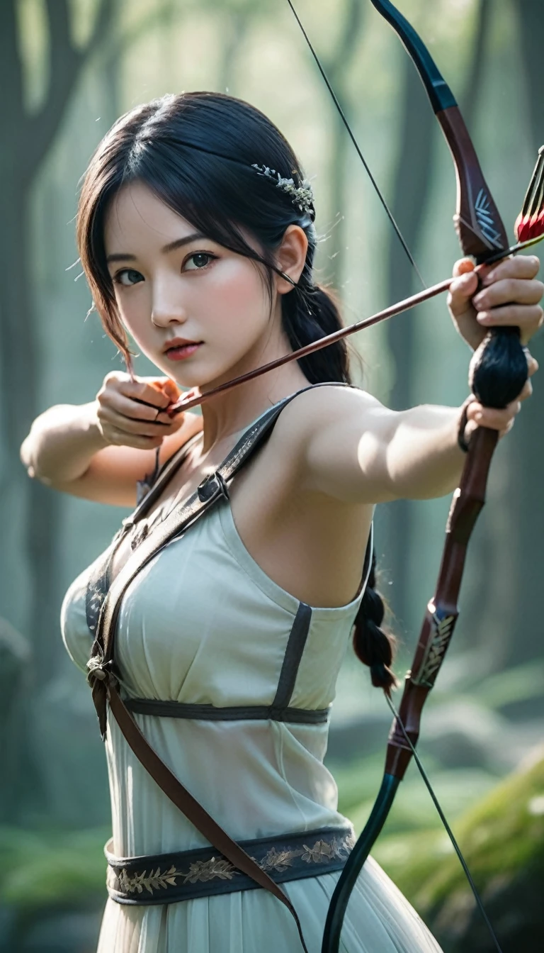 best quality, super fine, 16k, 2.5D, delicate and dynamic depiction, beautiful game character archer shoots with sacred bow and arrow, transparent and translucent and iridescent barrier creating crack, game production effects, the mysterious background of forest and city coexistence, fantasy world, prime lenses, lens filters, clear subject