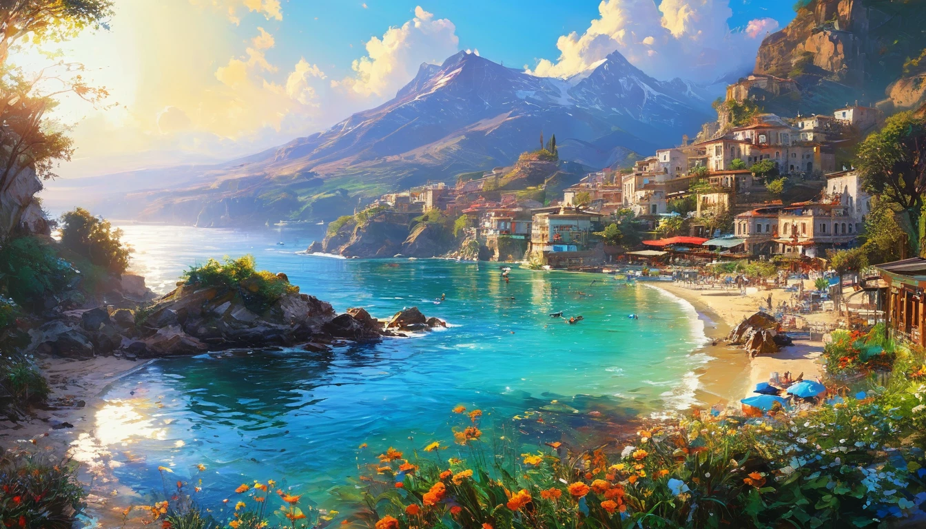 Hyper realist-surrealist and Fantastic composition, randomly serenity peacefuly landscape scenery Breathtaking fusion Multilayer techs splash style finely artistic works influence style by Michael Garmash Ivan Aivazosky İsmail İnceoğlu 8k RAW HDR UHD HQ premium effects hires art 