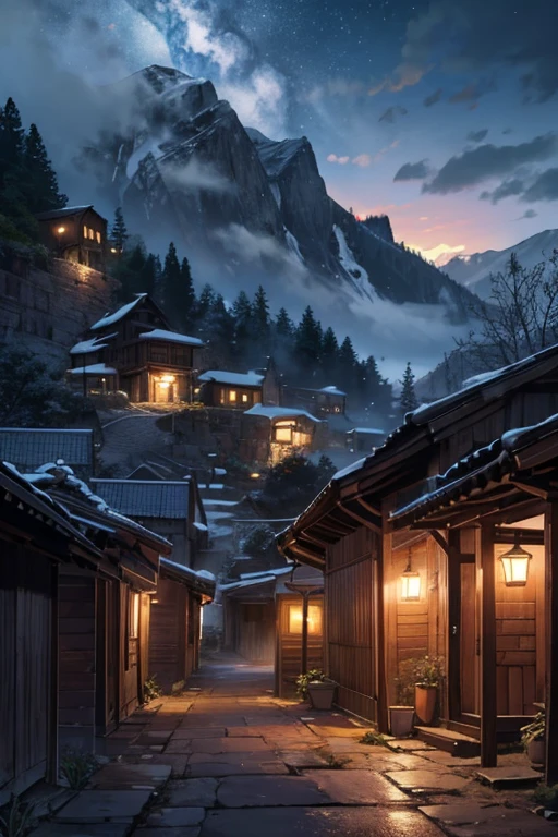 Poor little mountain village street, Villagers, Old house, Very detailed, night, dark, That&#39;s horrible, Looking down