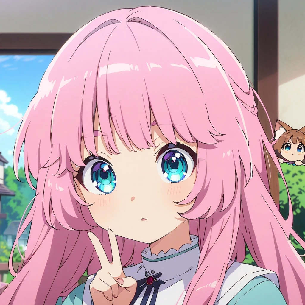 (masterpiece, best quality:1.2), 1girl, solo, anime screenshot, Anime girl, with long hair, round face, house background, cute anime, h, 2019 anime screenshot, the whole body portrait, distant view, anime moe art style, today’s characteristic anime static, still from anime, anime static frame work, in an anime, pink hair, blue eyes, chibi, chibi girl