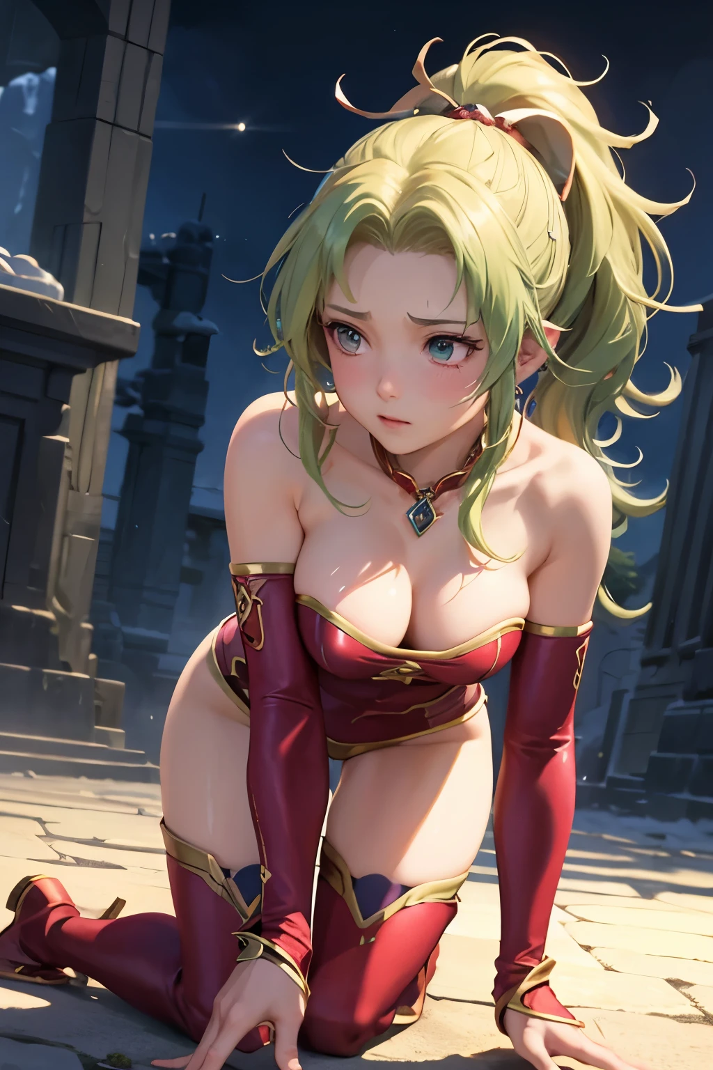 (((SFW、sound、Highest quality、first-class、masterpiece、Normal body、8k、Detailed face、Ultra-precision、Normal hand、Normal finger、5Finger、Highest)))、Tina Branford、FFⅥ、Final Fantasy 6、Green blonde、ponytail、Red leotard、Shoulder Off、No sleeve、Pareo、Knee-high boots、Mage Warrior、blush、Feeling embarrassed、On all fours、Control Collar、Manipulated、操られて強制的にOn all foursにされた