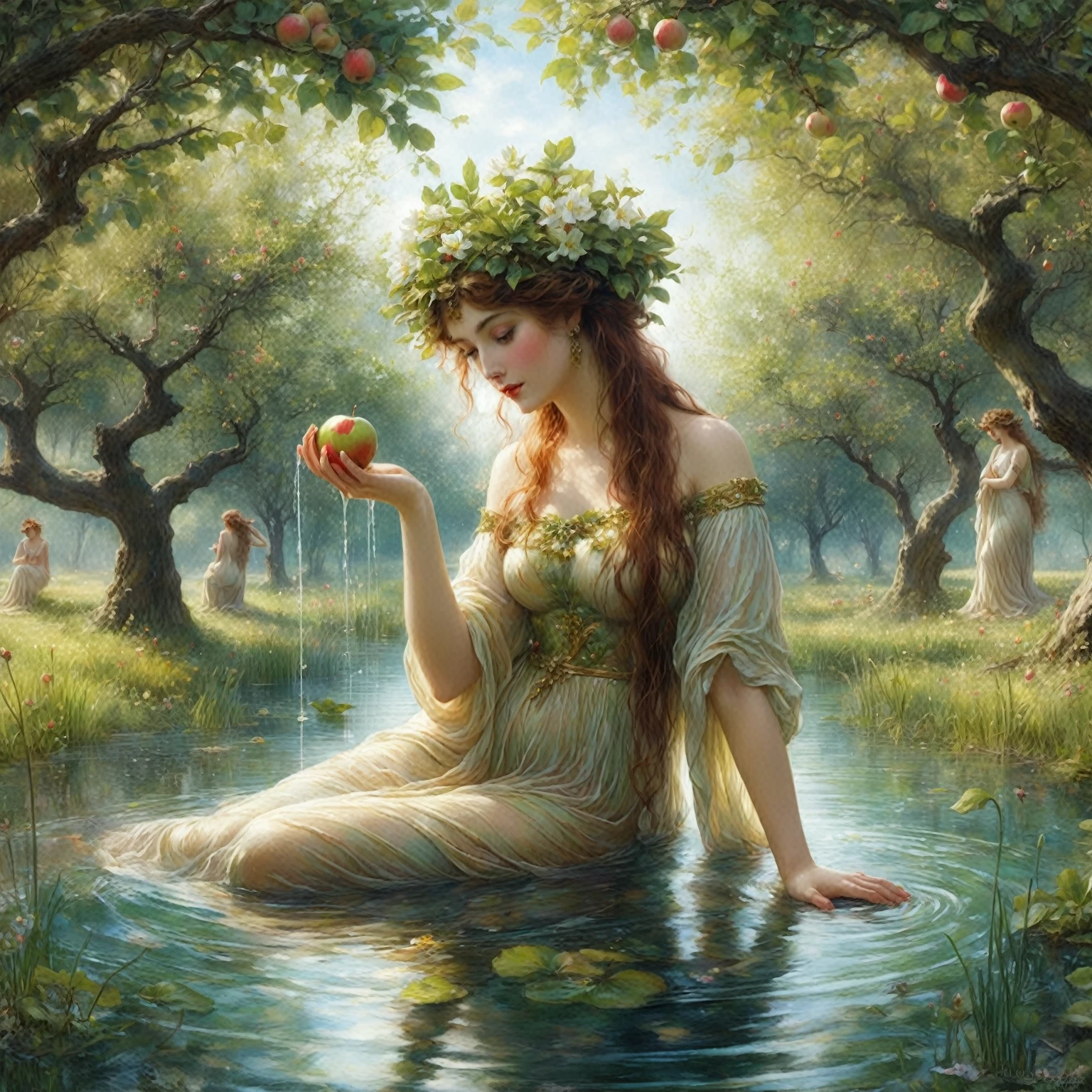 a painting of a woman sitting in a pond with an apple, persephone in spring, beautiful maiden, goddess of nature, goddess of spring, the goddess of summer, nature goddess, persephone, goddess of summer, beautiful digital artwork, beautiful fantasy painting, art of edouard bisson, beautiful fantasy art, by Alexander Kucharsky, breathtaking fantasy art