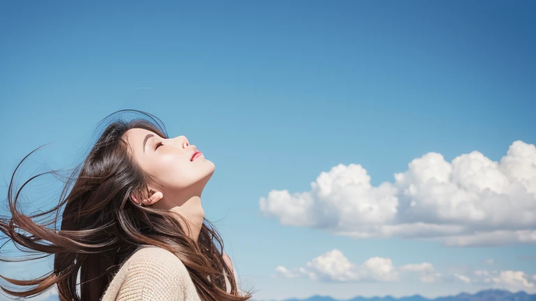 Beautiful woman standing on the plateau、Looking up at the sky、Hair fluttering in the wind、Realistic photo、Professional photography with attention to detail