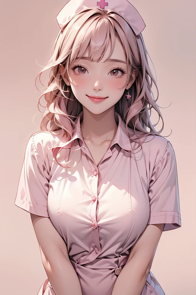 high resolution,smile,happy,light smile,woman,woman1人,adult,Clear,cute,
blunt bangs,Pink Hair,BREAK, Brown eyes,BREAK,wavy hair,long hair,BREAK, ((looking at viewer)),
Nurse uniform,Nurse cap,BREAK,Facing forward,BREAK,Pink background,
BREAK,