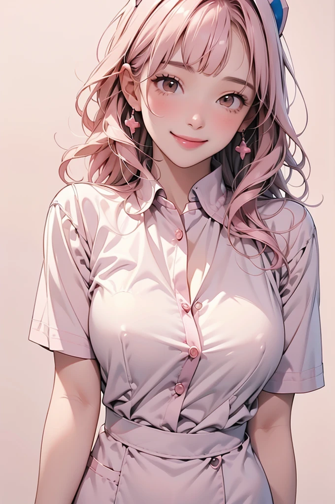 high resolution,smile,happy,light smile,woman,woman1人,,Clear,cute,
blunt bangs,Pink Hair,BREAK, Brown eyes,BREAK,wavy hair,long hair,BREAK, ((looking at viewer)),
Nurse uniform,Nurse cap,BREAK,Facing forward,BREAK,Pink background,
BREAK,
