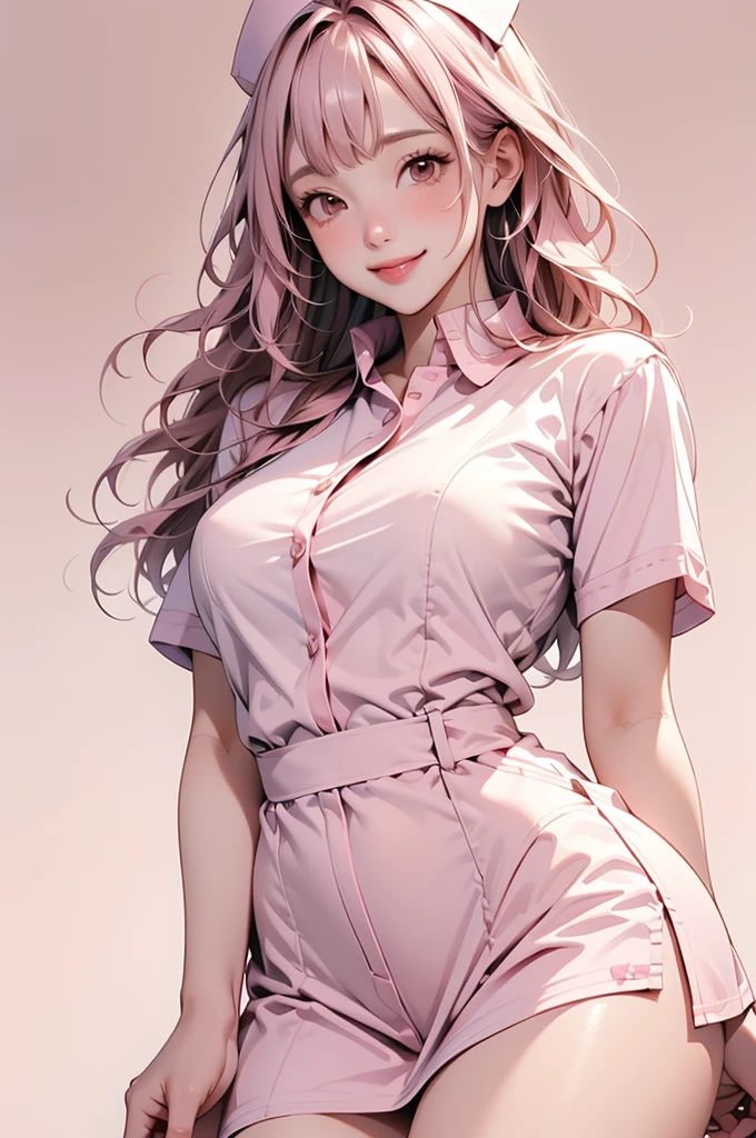 high resolution,smile,happy,light smile,woman,woman1人,adult,Clear,cute,
blunt bangs,Pink Hair,BREAK, Brown eyes,BREAK,wavy hair,long hair,BREAK, ((looking at viewer)),
Nurse uniform,Nurse cap,BREAK,Facing forward,BREAK,Pink background,
BREAK,