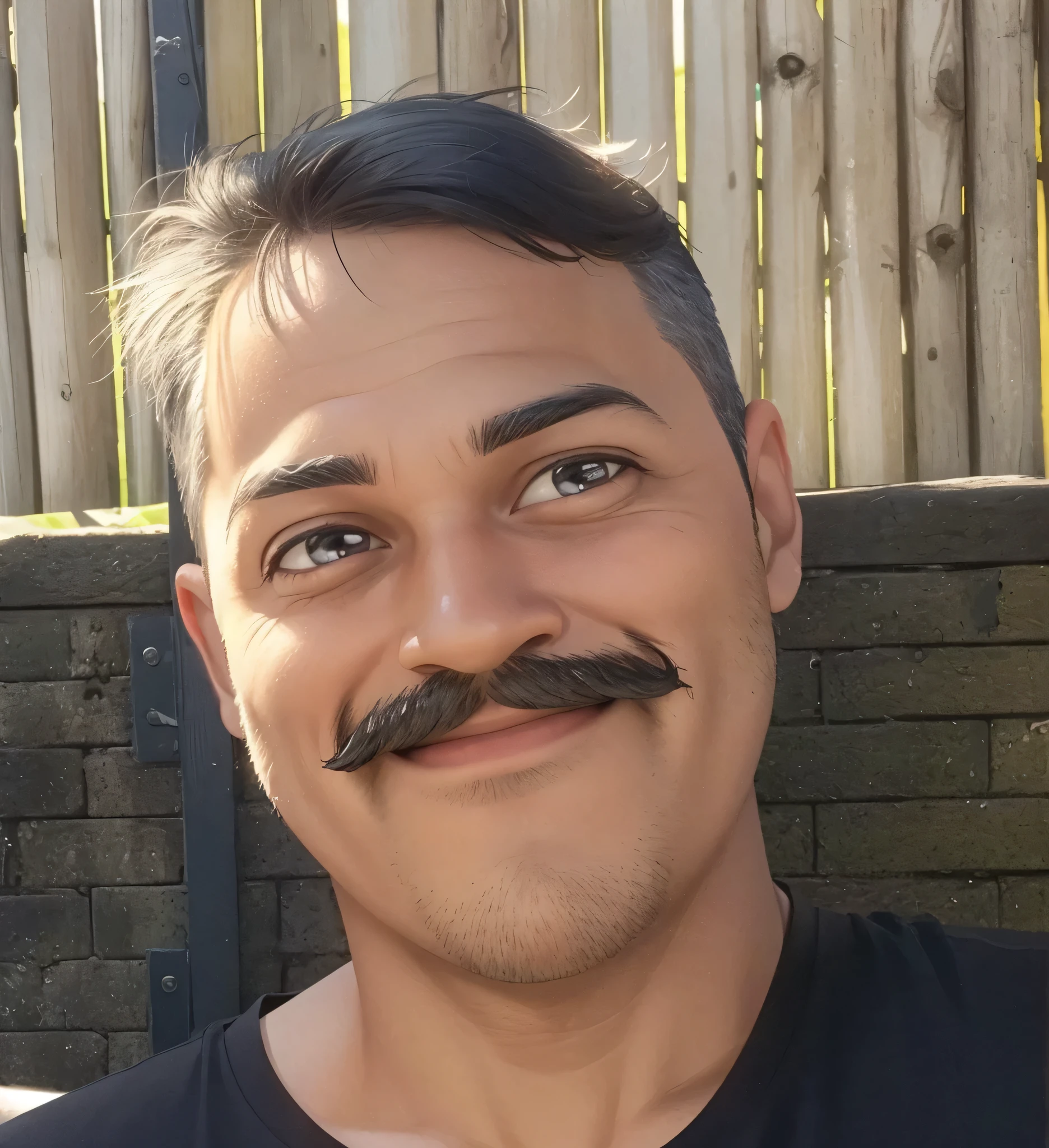 A man, with a mustache, wearing a black t-shirt, smiling cheerfully, 3D cartoon, realistic, detailed,