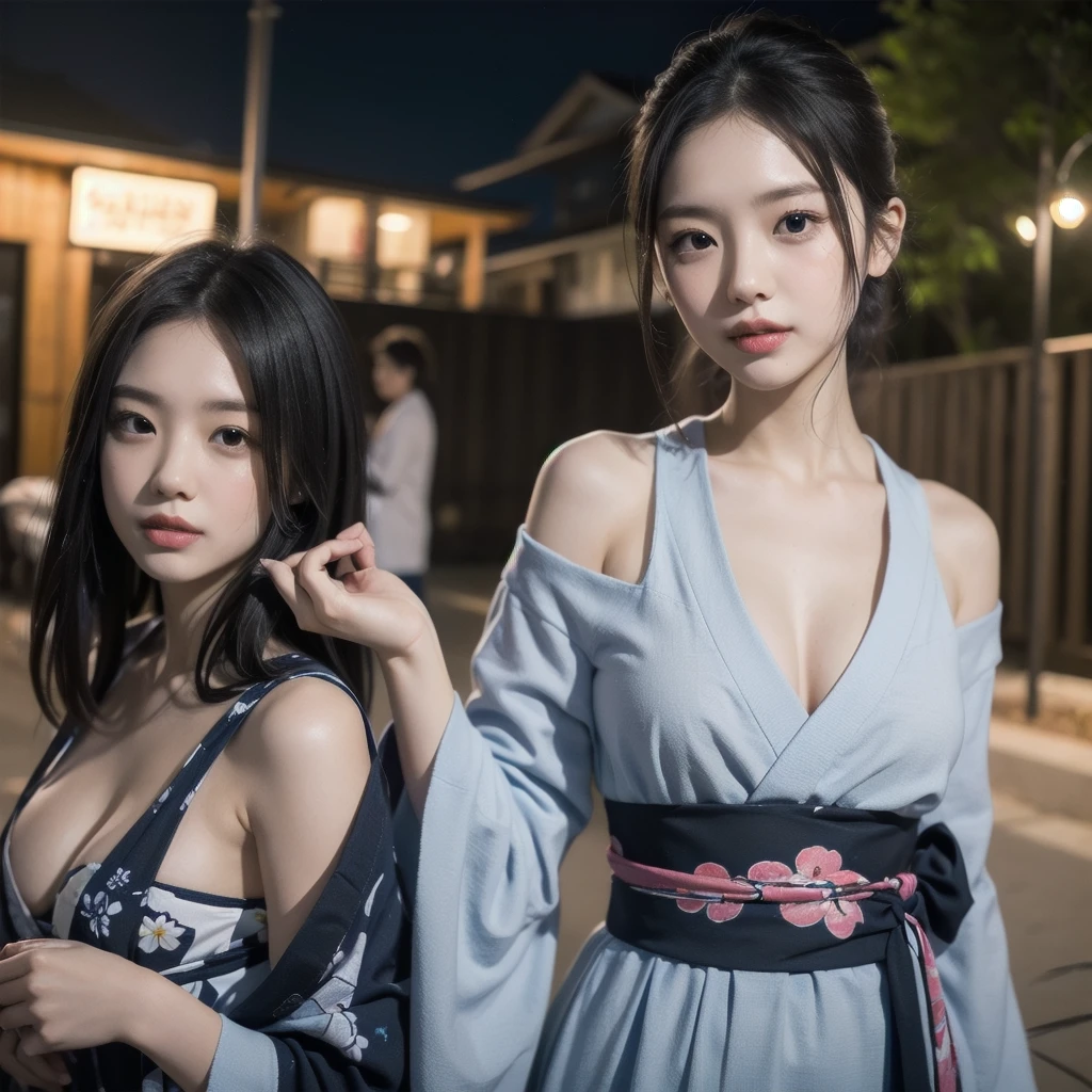 (firework), (upper body:1.5), Girl Standing In Schoolyard, Cumulonimbus clouds floating in the night sky, (Summer Yukata:1.1), (18 years old:1.2), (make up:1.3), (Very slim:1.4), Brown eyes